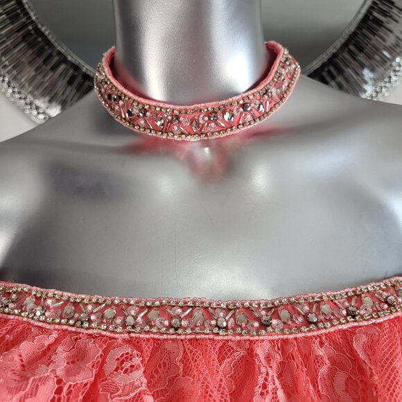 NWT~$495~2CUTE~6/8~CORAL 2 PIECE CROP TOP RHINESTONE BEADED MAXI PROM DRESS - Picture 7 of 16